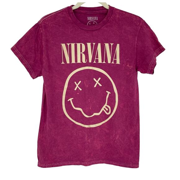 Officially Licensed Nirvana Nevermind Smiley Grunge Tee Magenta Acid Wash Small - Picture 1 of 6